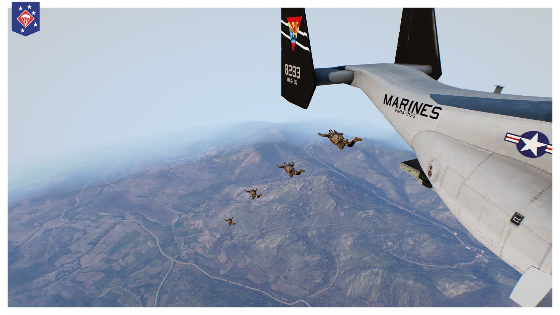 Paramarines free-falling from a MAG-36 Osprey high over the coast